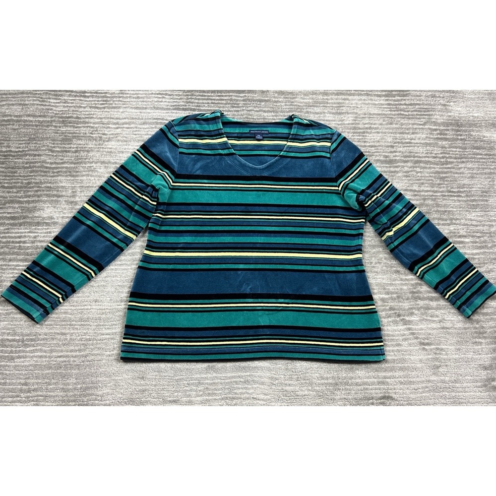 Westbound‎ Petites Sweater Womens PM Green Striped Terry Cloth Feel Cotton Blend